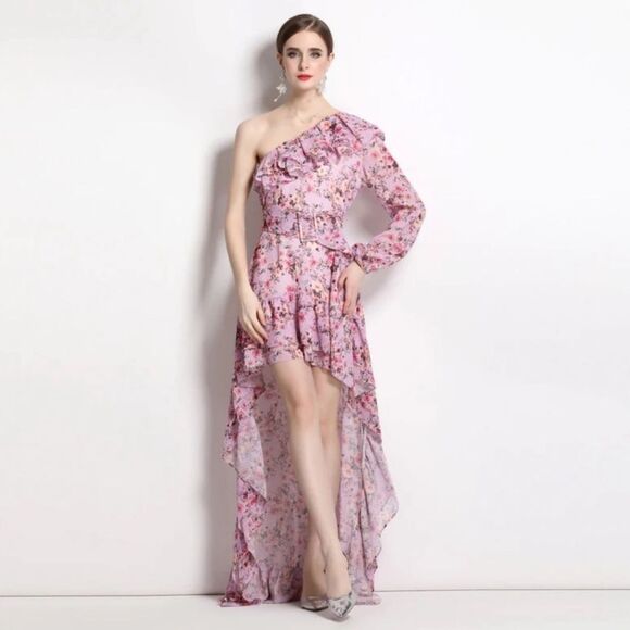 Revolve  - Lavender high low floral dress with train - Picture 1 of 16